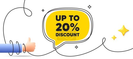 Illustration for Up to 20 percent discount. Continuous line art banner. Sale offer price sign. Special offer symbol. Save 20 percentages. Discount tag speech bubble background. Wrapped 3d like icon. Vector - Royalty Free Image