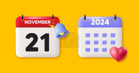 Illustration for Calendar date 3d icon. 21th day of the month icon. Event schedule date. Meeting appointment time. 21th day of November month. Calendar event reminder date. Vector - Royalty Free Image