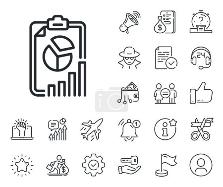 Illustration for Column graph, pie chart sign. Salaryman, gender equality and alert bell outline icons. Report line icon. Market analytics symbol. Report line sign. Spy or profile placeholder icon. Vector - Royalty Free Image