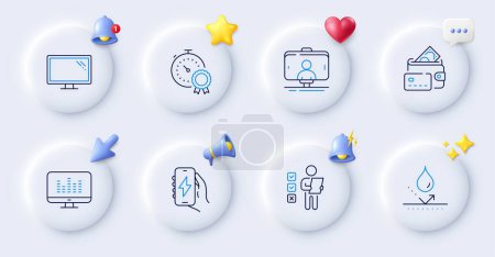 Illustration for Monitor, Waterproof and Music making line icons. Buttons with 3d bell, chat speech, cursor. Pack of Selfie stick, Charging app, Voting ballot icon. Best result, Money pictogram. Vector - Royalty Free Image