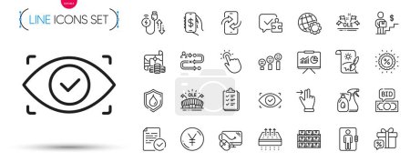 Illustration for Pack of Checklist, Creative painting and Delivery man line icons. Include Journey path, Computer mouse, Biometric eye pictogram icons. Yen money, Treasure map, Breathable mattress signs. Vector - Royalty Free Image