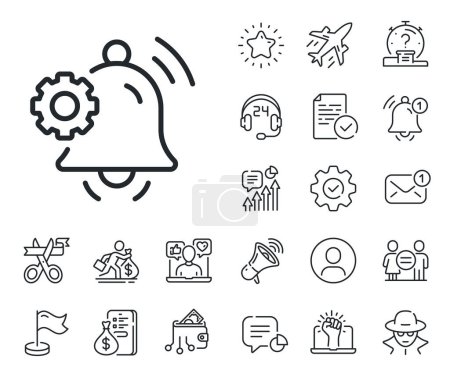 Illustration for Service alarm reminder sign. Salaryman, gender equality and alert bell outline icons. Notification bell line icon. Settings message symbol. Notification bell line sign. Vector - Royalty Free Image