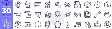 Illustration for Inflation, Accounting checklist and Share idea line icons pack. Graph chart, No music, Quick tips web icon. Teamwork question, Winner, Technical documentation pictogram. Design with pen tool. Vector - Royalty Free Image