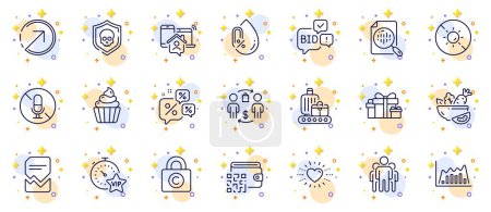 Illustration for Outline set of Direction, No microphone and Holiday presents line icons for web app. Include Buying process, Group, Discounts chat pictogram icons. Bid offer, Qr code, Copyright locker signs. Vector - Royalty Free Image