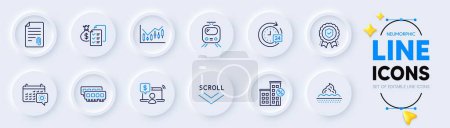 Photo for Travel calendar, Skin care and Insurance medal line icons for web app. Pack of Ram, Financial diagram, Loan house pictogram icons. 24h delivery, Attachment, Train signs. Neumorphic buttons. Vector - Royalty Free Image
