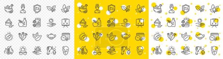 Illustration for Outline Sick man, Doctor and Best glasses line icons pack for web with Fitness app, Cardio calendar, Carrots line icon. Skin care, Capsule pill, Fever temperature pictogram icon. Shield. Vector - Royalty Free Image