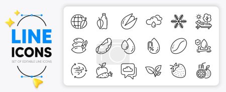 Illustration for Pistachio nut, Environment day and Lounger line icons set for app include Wind energy, Oil drop, Flood insurance outline thin icon. Orange juice, Brazil nut, Pillow pictogram icon. Vector - Royalty Free Image