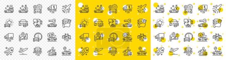 Illustration for Car vehicle, Flight plane and Mountain bike set. Transport line icons. Supply chain, Car key and Travel map icons. Food delivery, pickup transport and rent a car. Vehicle road trip. Vector - Royalty Free Image