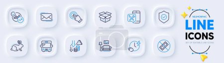 Illustration for Bus, Corrupt and Touchscreen gesture line icons for web app. Pack of Messenger mail, Food app, Statistics pictogram icons. Furniture, Open box, Animal tested signs. Deflation. Vector - Royalty Free Image