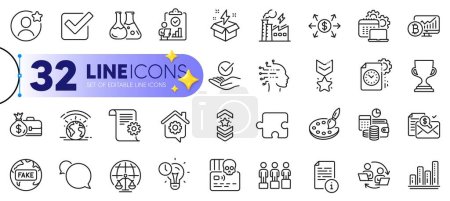 Illustration for Outline set of Checkbox, Magistrates court and Inspect line icons for web with Puzzle, Software, Electricity factory thin icon. Technical documentation, Palette, Bitcoin chart pictogram icon. Vector - Royalty Free Image