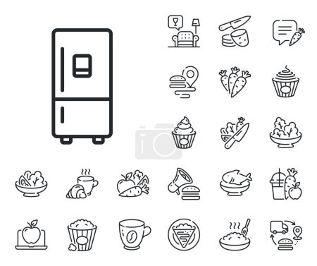 Illustration for Fridge sign. Crepe, sweet popcorn and salad outline icons. Refrigerator with ice maker line icon. Freezer storage symbol. Refrigerator line sign. Pasta spaghetti, fresh juice icon. Vector - Royalty Free Image