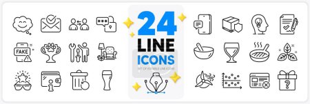 Illustration for Icons set of Lock, Reject web and Cooking mix line icons pack for app with Wine glass, Fair trade, Delivery insurance thin outline icon. Winner cup, Dot plot, Repairman pictogram. Vector - Royalty Free Image
