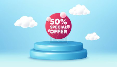 Illustration for Special offer banner. Winner podium 3d base. Product offer pedestal. Discount sticker with bubbles. Gift coupon icon. Special offer promotion message. Background with 3d clouds. Vector - Royalty Free Image