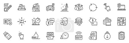 Illustration for Icons pack as Money, Scroll down and Time management line icons for app include Cursor, Piggy bank, Recycling outline thin icon web set. Reject checklist, Check investment, Software pictogram. Vector - Royalty Free Image