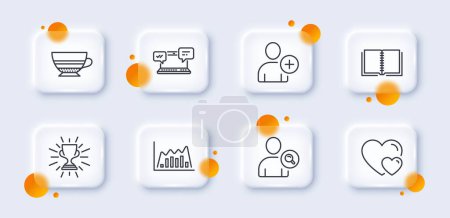 Illustration for Mocha, Internet chat and Infographic graph line icons pack. 3d glass buttons with blurred circles. Trophy, Add user, Find user web icon. Book, Hearts pictogram. For web app, printing. Vector - Royalty Free Image