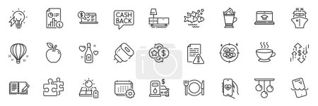 Illustration for Icons pack as Dresser, Website education and Ship line icons for app include Charging adapter, Report, Loyalty points outline thin icon web set. Filling station, Fish school. Vector - Royalty Free Image