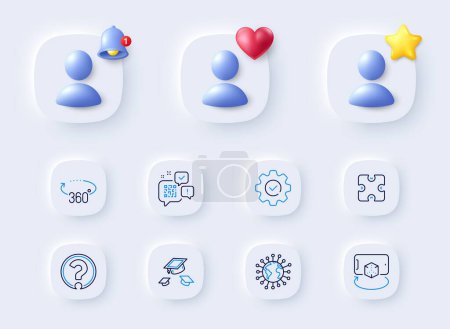 Illustration for Question mark, 360 degrees and Coronavirus line icons. Placeholder with 3d bell, star, heart. Pack of Qr code, Puzzle, Augmented reality icon. Throw hats, Execute pictogram. Vector - Royalty Free Image