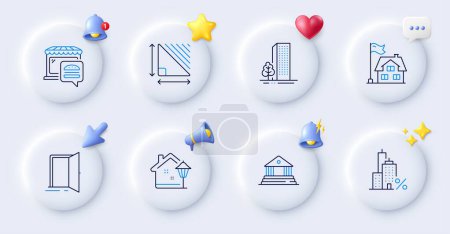 Illustration for Building, Triangle area and Street light line icons. Buttons with 3d bell, chat speech, cursor. Pack of Court building, Open door, Buildings icon. Mortgage, Food market pictogram. Vector - Royalty Free Image