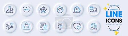 Illustration for Couple love, Rainbow and Inclusion line icons for web app. Pack of Social media, Friends chat, Lgbt pictogram icons. Valentine target, Love letter, Friend signs. Honeymoon travel, Hearts. Vector - Royalty Free Image