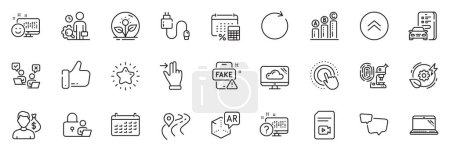 Illustration for Icons pack as Annual tax, Fingerprint research and Charging cable line icons for app include Green energy, Augmented reality, Online voting outline thin icon web set. Lock, Inspect. Vector - Royalty Free Image