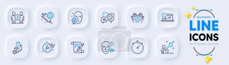 Illustration for Timer, Face verified and Online help line icons for web app. Pack of Time management, Employee hand, Windmill turbine pictogram icons. Music, Voice wave, Discrimination signs. Vector - Royalty Free Image