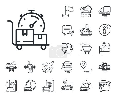 Illustration for Moving service sign. Plane, supply chain and place location outline icons. Fast delivery line icon. Things transportation symbol. Fast delivery line sign. Taxi transport, rent a bike icon. Vector - Royalty Free Image