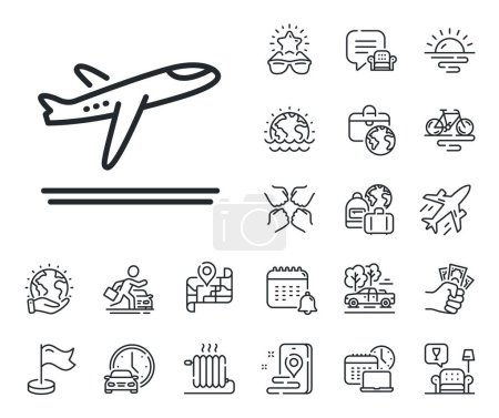 Illustration for Airplane take off sign. Plane jet, travel map and baggage claim outline icons. Airport departure plane line icon. Flight symbol. Departure plane line sign. Car rental, taxi transport icon. Vector - Royalty Free Image
