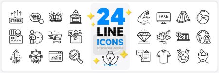 Illustration for Icons set of Quick tips, Ranking star and Diamond line icons pack for app with Depression treatment, Pie chart, Ice cream thin outline icon. Fish school, Arena stadium. Design with 3d stars. Vector - Royalty Free Image