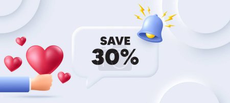 Illustration for Save 30 percent off tag. Neumorphic background with speech bubble. Sale Discount offer price sign. Special offer symbol. Discount speech message. Banner with 3d hearts. Vector - Royalty Free Image