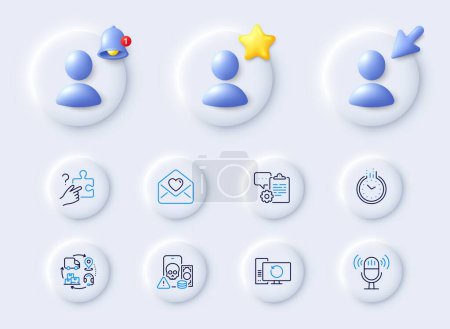 Illustration for Search puzzle, Recovery computer and Clipboard line icons. Placeholder with 3d cursor, bell, star. Pack of Phishing, Supply chain, Microphone icon. Time, Love letter pictogram. Vector - Royalty Free Image