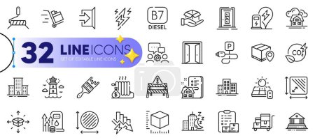 Illustration for Outline set of Property agency, Saving electricity and Co2 gas line icons for web with Night city, Circle area, Parcel tracking thin icon. Square area, Open door, Fuel price pictogram icon. Vector - Royalty Free Image