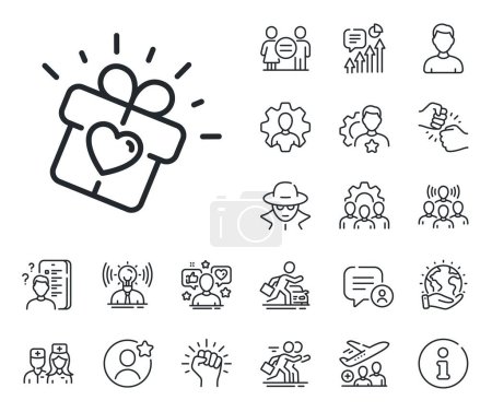 Illustration for Heart present box sign. Specialist, doctor and job competition outline icons. Love gift line icon. Dating profile symbol. Love gift line sign. Avatar placeholder, spy headshot icon. Vector - Royalty Free Image