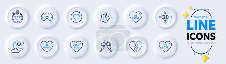 Illustration for Champagne glasses, Love glasses and Only you line icons for web app. Pack of Inclusion, Love gift, Be sweet pictogram icons. Update relationships, Break up, Heartbeat timer signs. Be good. Vector - Royalty Free Image