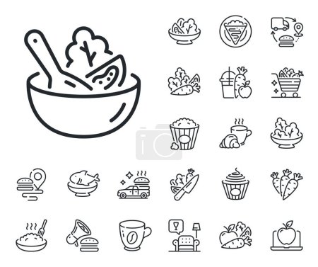 Illustration for Vegetable food sign. Crepe, sweet popcorn and salad outline icons. Salad line icon. Healthy meal symbol. Salad line sign. Pasta spaghetti, fresh juice icon. Supply chain. Vector - Royalty Free Image