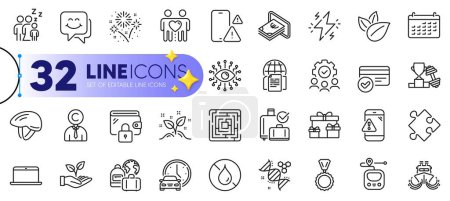 Illustration for Outline set of Phone warning, Organic product and Book car line icons for web with Baggage reclaim, Internet documents, Startup concept thin icon. Chemistry dna, Ship, Sleep pictogram icon. Vector - Royalty Free Image