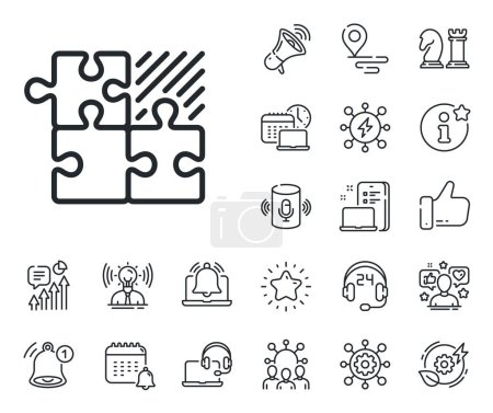 Illustration for Decide Jigsaw sign. Place location, technology and smart speaker outline icons. Puzzle game line icon. Business strategy combination symbol. Puzzle game line sign. Vector - Royalty Free Image