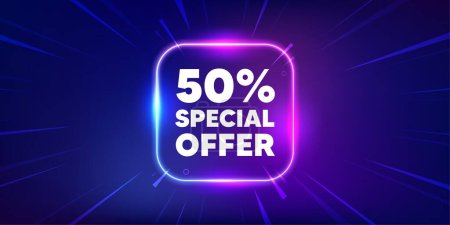 Illustration for 50 percent discount offer tag. Neon light frame box banner. Sale price promo sign. Special offer symbol. Discount neon light frame message. Vector - Royalty Free Image