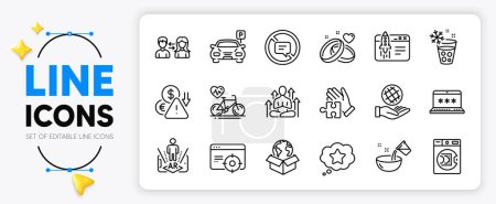 Illustration for Ice maker, Launder money and Yoga line icons set for app include Loyalty star, Safe planet, Augmented reality outline thin icon. Delivery service, Laptop password, Cooking water pictogram icon. Vector - Royalty Free Image
