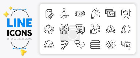 Illustration for Palette, 5g internet and Timer line icons set for app include Servers, Business targeting, 5g wifi outline thin icon. Like, Working hours, Medical drugs pictogram icon. Photo album. Vector - Royalty Free Image