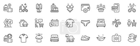 Ilustración de Los iconos del paquete como compras en línea, camiseta y Añadir iconos de línea de bolsos para la aplicación incluyen cinturón de equipaje, almohada, tijeras contorno conjunto web icono delgado. El comprador piensa, equipaje de mano, pictograma de almohadas. Vector - Imagen libre de derechos