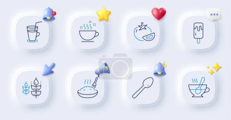 Illustration for Gluten free, Ice cream and Porridge line icons. Buttons with 3d bell, chat speech, cursor. Pack of Cocktail, Coffee cup, Tea cup icon. Spoon, Tomato pictogram. For web app, printing. Vector - Royalty Free Image