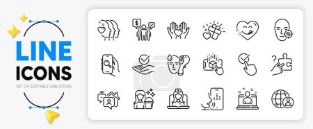Illustration for Checkbox, Teamwork and Approved line icons set for app include Problem skin, Love gift, Work home outline thin icon. Voicemail, Electronic thermometer, Cleaning pictogram icon. Vector - Royalty Free Image
