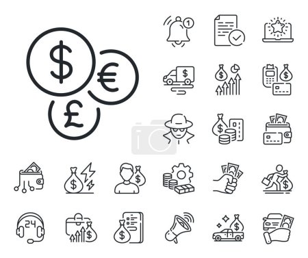 Illustration for Cash exchange sign. Cash money, loan and mortgage outline icons. Money currency line icon. Stock trade symbol. Money currency line sign. Credit card, crypto wallet icon. Inflation, job salary. Vector - Royalty Free Image