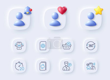 Illustration for Full rotation, Augmented reality and Update document line icons. Placeholder with 3d bell, star, heart. Pack of Timer, File management, Valet servant icon. Vector - Royalty Free Image