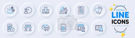 Illustration for Filling station, Working hours and Coffee vending line icons for web app. Pack of Employee results, Working process, Heart pictogram icons. Connecting flight, Certificate. Neumorphic buttons. Vector - Royalty Free Image