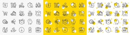 Illustration for Outline Internet shopping, Usd coins and Box size line icons pack for web with Coffee cup, Battery charging, Payment message line icon. Repairman, Court jury, Deflation pictogram icon. Vector - Royalty Free Image