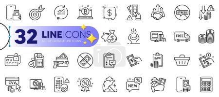 Illustration for Outline set of Currency, Pay money and Cyber attack line icons for web with Checklist, Free delivery, Accounting thin icon. Bitcoin, Bill accounting, Discount pictogram icon. Cvv code. Vector - Royalty Free Image