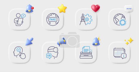 Illustration for Typewriter, Coronavirus and Calendar line icons. Buttons with 3d bell, chat speech, cursor. Pack of Fake news, Select user, Customer survey icon. Augmented reality, Cogwheel dividers pictogram. Vector - Royalty Free Image