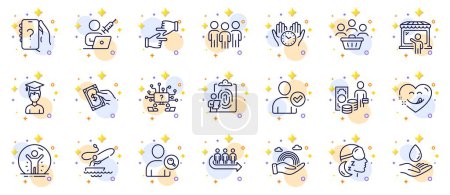 Illustration for Outline set of Identity confirmed, Group and Lgbt line icons for web app. Include Water care, Safe time, Yummy smile pictogram icons. Fingerprint, Boat fishing, Pay money signs. Vector - Royalty Free Image