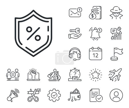 Illustration for Protection shield sign. Salaryman, gender equality and alert bell outline icons. Loan percent line icon. Credit percentage symbol. Loan percent line sign. Spy or profile placeholder icon. Vector - Royalty Free Image
